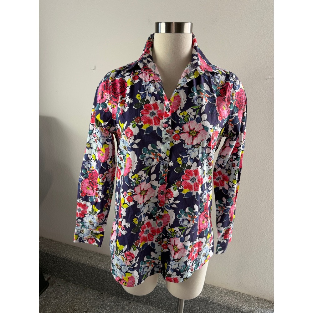 Lands End Womens 6 No Iron Supima Cotton Floral Button Down Shirt Navy Pink